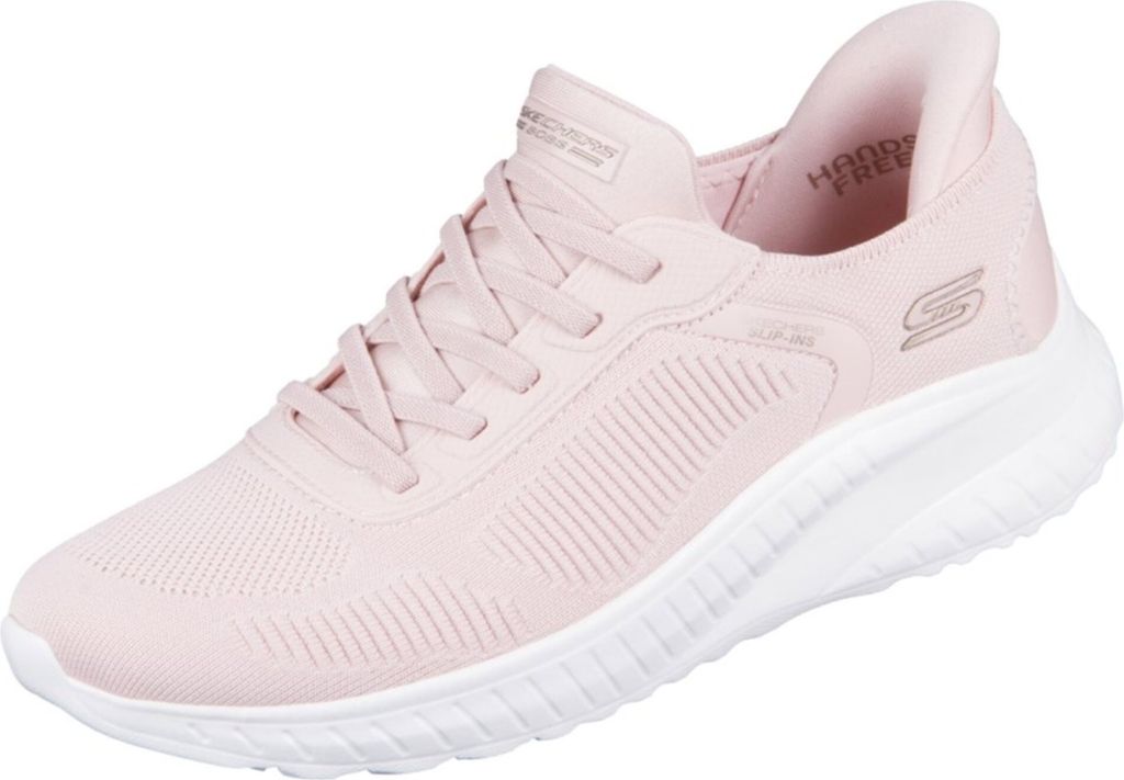 A single pink Skechers sneaker is shown from the side against a white background.