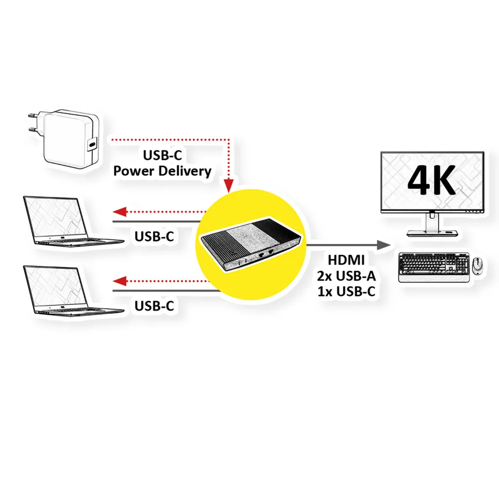 Switch KVM USB-C et HDMI pour 2 Ordinateurs avec Hub USB Intégré