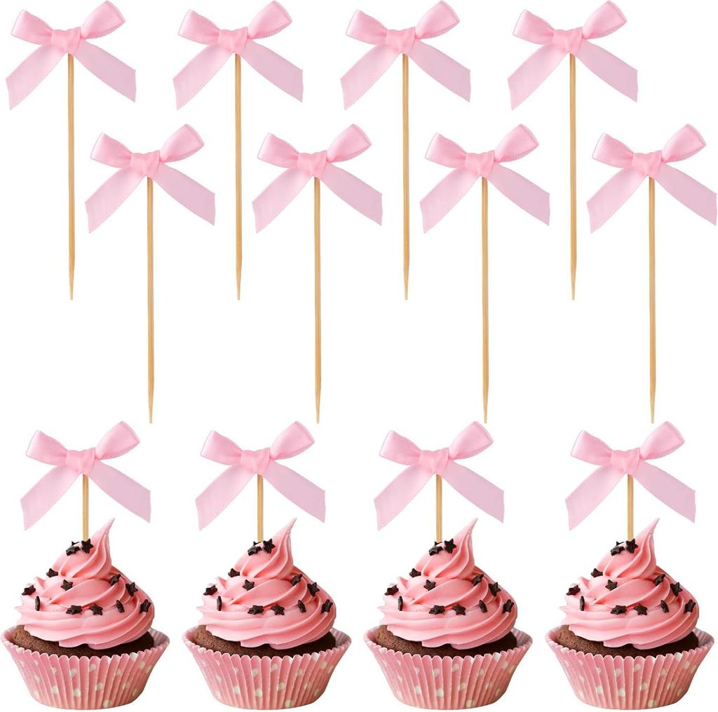 24 Stück Rosa Schleifen Cupcake Toppers - Schleifen Cupcake Picker für Mädchen Babyshower Coquette Themenfeiern