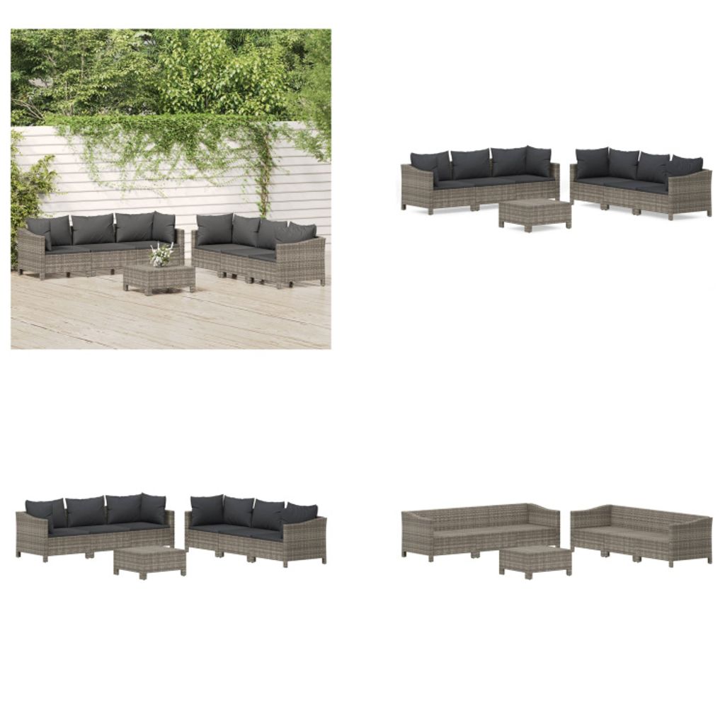 vidaXL 7 tlg. Garten Lounge Set mit Kissen Grau Poly Rattan - Garten Lounge Set - Garten Lounge Sets - Lounge Set - Gartenmöbel Set