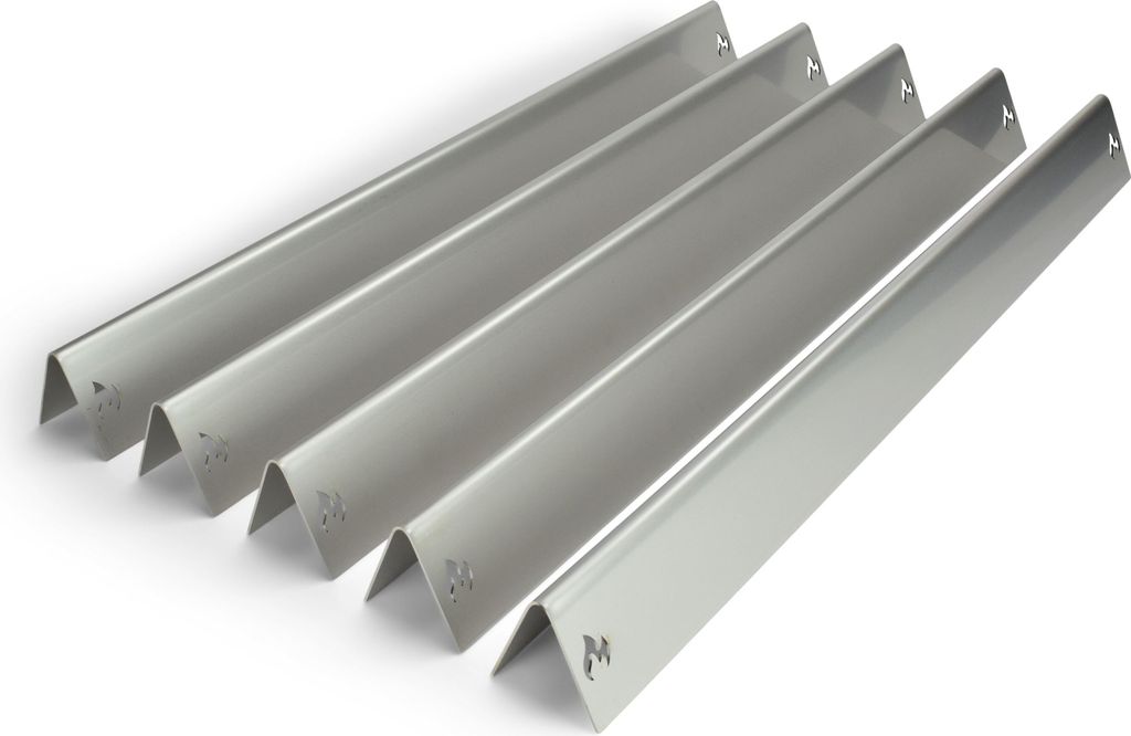Five silver-colored metal heat shields for a grill, arranged diagonally on a white background.
