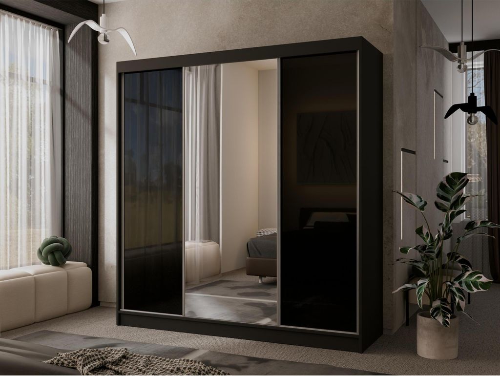 Spiegelschrank mit 4 Schubladen Mallorca 200 cm Garderobenschrank mit Hochglanz modernes 3-türig Schiebetürenschrank, Farbe: Schwarz, Hochglanz: ...