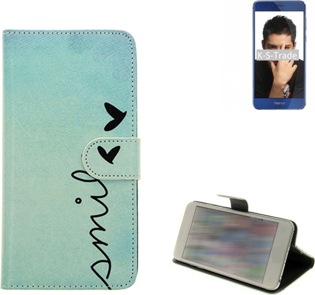 K-S-Trade Schutz-Hülle Handy-Hülle kompatibel mit Huawei Honor 8 Hülle Wallet Case Flip cover bookstyle Etui Handyhülle ''smile'' türkis