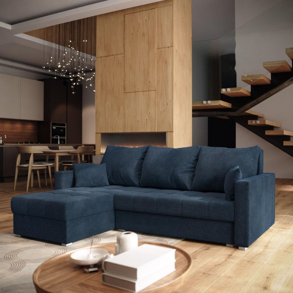 Masseno Ecksofa NIDA mit Schlaffunktion L-Form, Sofa mit Bettkasten, Wohnzimmersofa, Couch, Soffa, Bettsofa, Couchgarnitur- Blau, INARI 80
