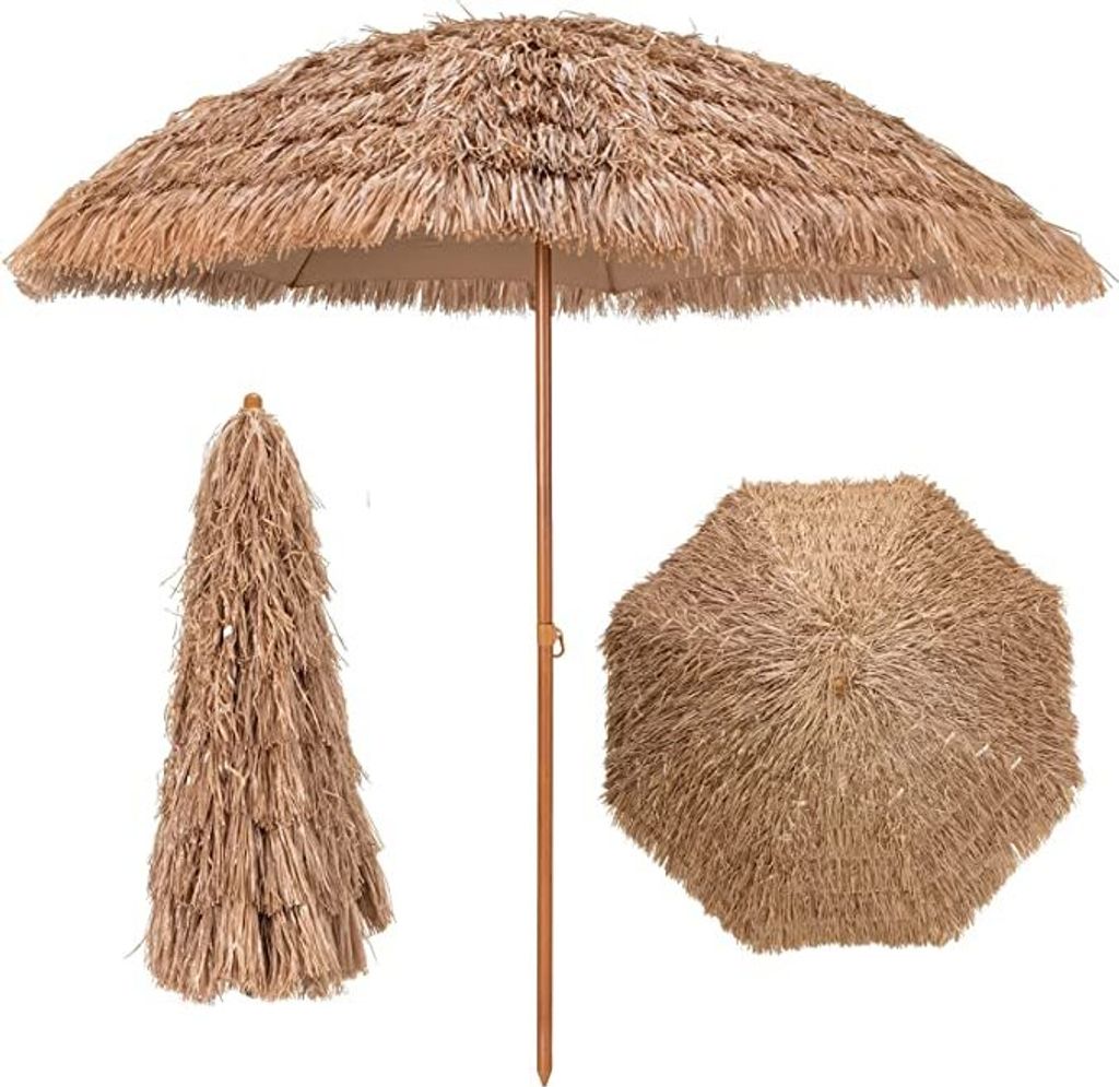 GOPLUS Sonnenschirm Hawaii, Strohschirm φ205cm, Strohbedeckter Terrassenschirm mit 8 Rippen, tragbarer leichter Tischschirm zum Sonnenschutz