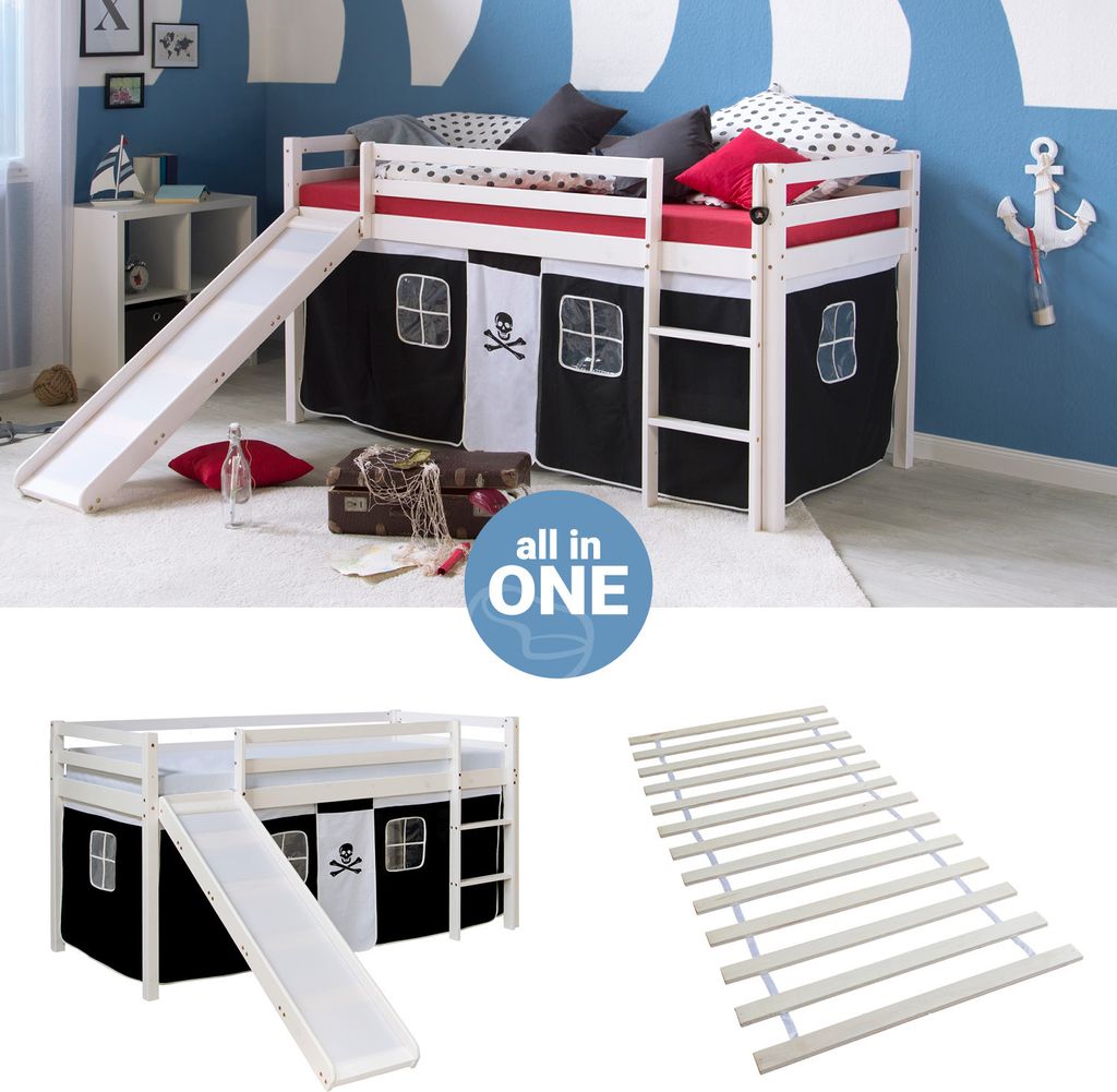Homestyle4u Hochbett 90x200 mit Rutsche Lattenrost Vorhang Produktbild 