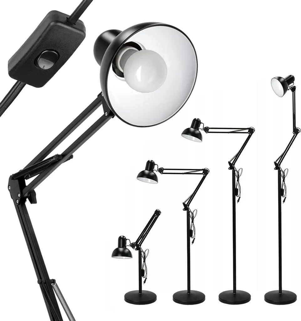 Lampadaire moderne noir de 2 mètres réglable en métal avec douille E27
