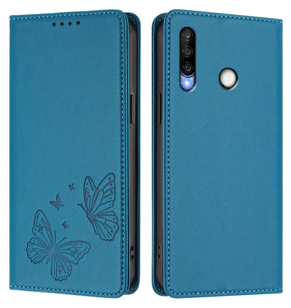 Lederhülle für Huawei P30 Lite, Schmetterling Prägung Leder Brieftasche Schutzhülle mit Ständer Blau