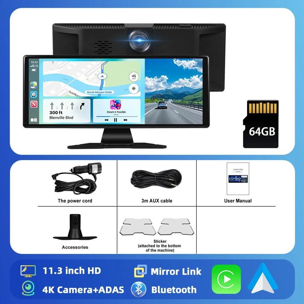 Autoradio - 1-DIN Multimedia-Player - Touchscreen 28,7 cm - CarPlay & Android Auto - Auflösung 1440×540 - TF-Karte 64 GB - Ausgangsleistung 4×45...