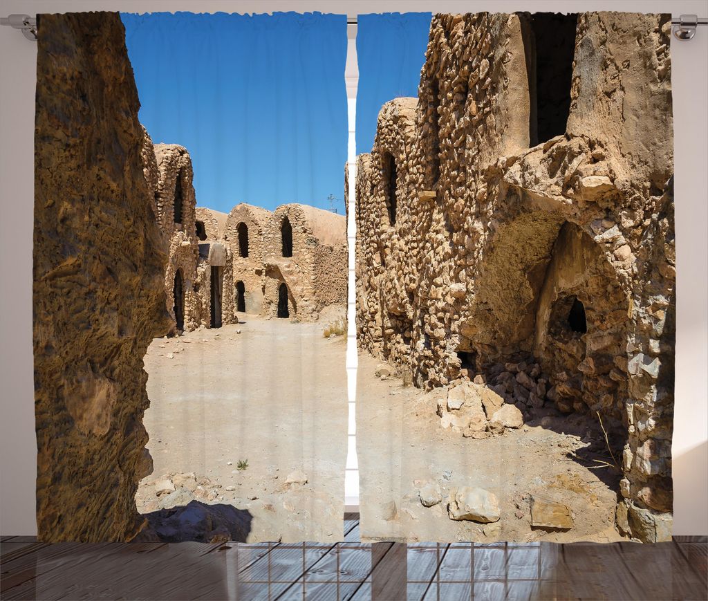 ABAKUHAUS Galaxis Rustikaler Gardine, Verlassenes tunesisches Set, Schlafzimmer Kräuselband Vorhang mit Schlaufen und Haken, 280 x 225 cm, Braun Blau