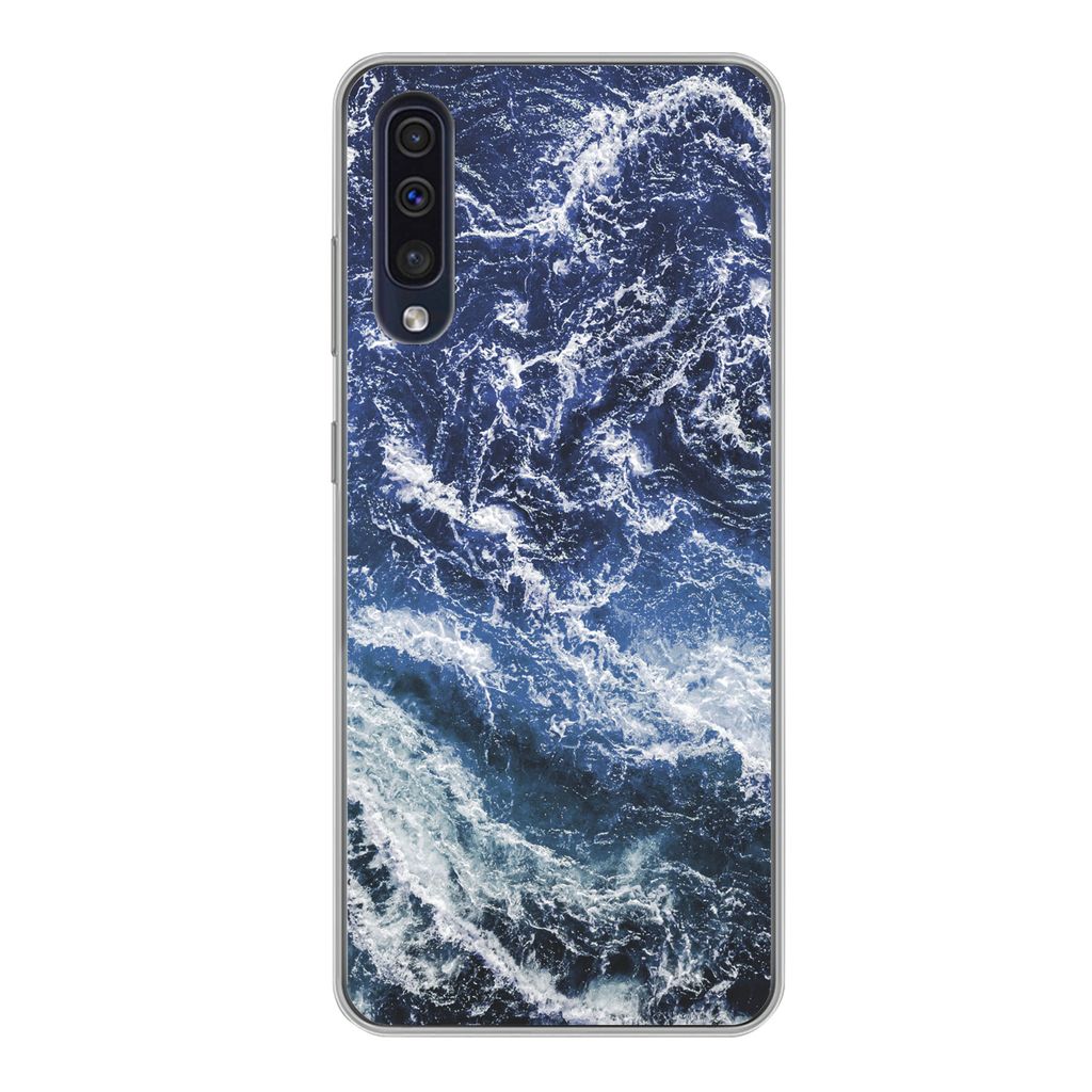 MuchoWow Handyhülle Schutzhülle Hülle für Samsung Galaxy A50 Naturstein - Blau - Weiß Silikon Softcase Handy Hülle - Mobiltelefonhülle
