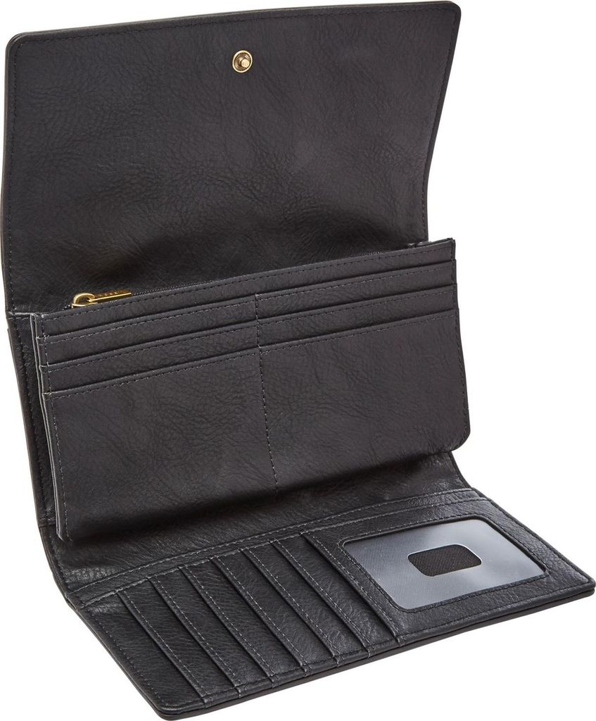 An open black leather wallet is displayed against a white background.