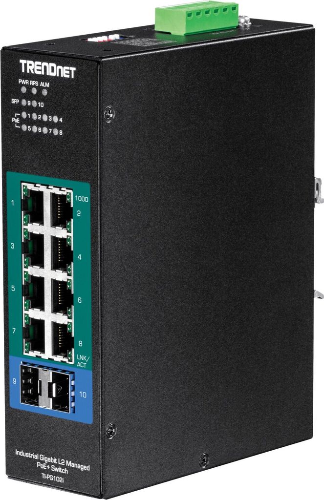 TRENDnet TI-PG102i 10-Port DIN-Rail Switch Industrial Gigabit Managed PoE+