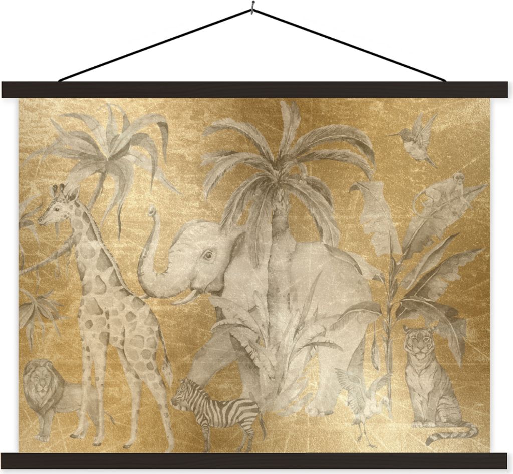 MuchoWow Textilposter Dschungel - Kinder - Gold - Tiere 60x45 cm mit schwarzem Rahmen - Poster Schlafzimmer