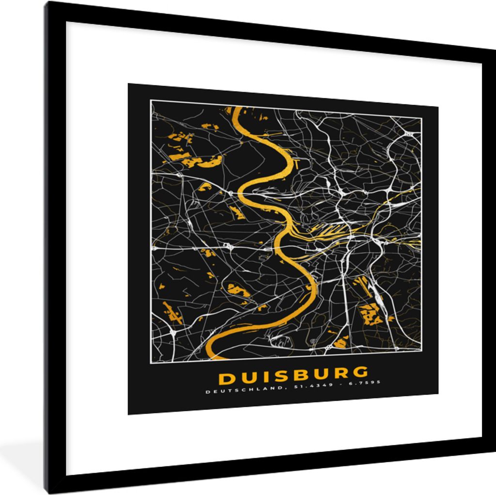 MuchoWow Gerahmtes Poster Duisburg - Deutschland - Stadtplan - Karte - Gold 40x40 cm - Poster mit Schwarzem Bilderrahmen Wandposter Rahmen Foto B...