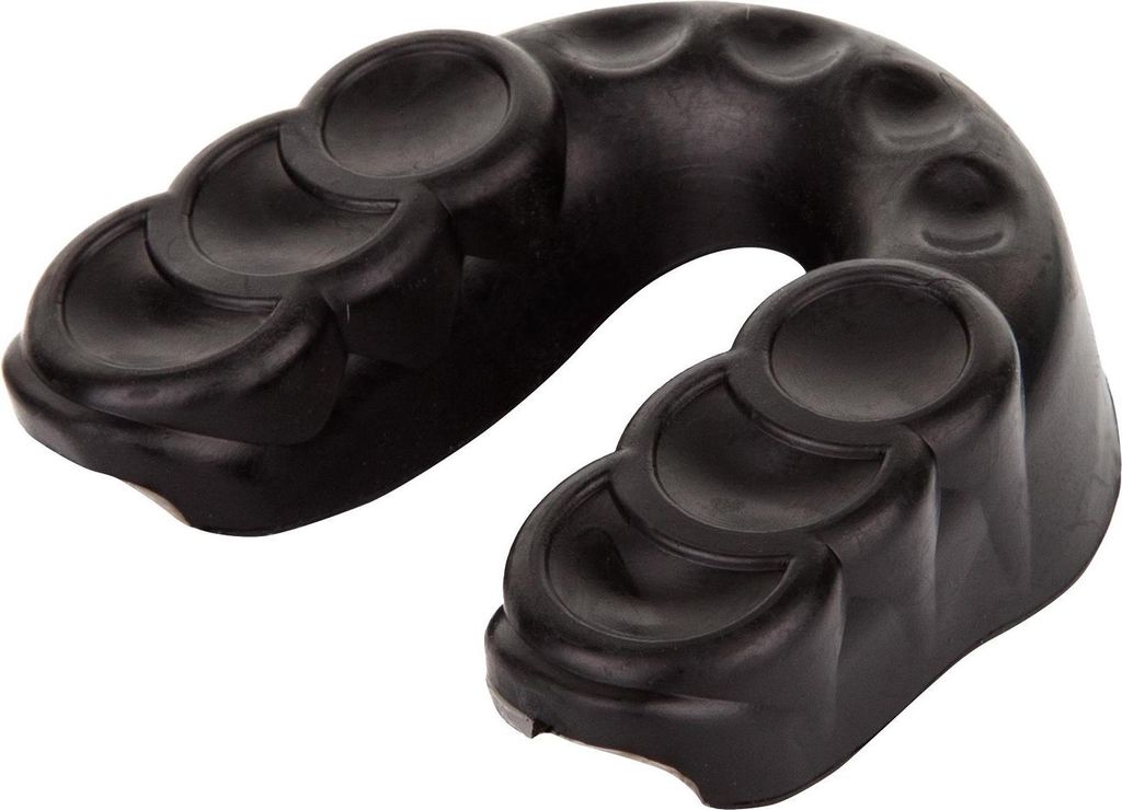 A black mouthguard is shown against a white background.