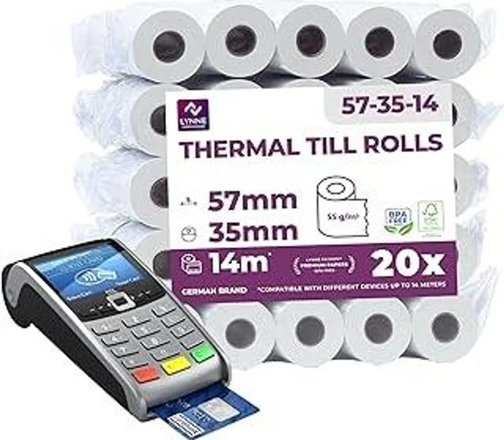 Rotoli termici Ec-Cash 57 mm x 14 m x 12 mm - Rotoli per registratori di cassa - Carta termica - Rotoli per bancomat - Lettori di carte di credito (57x35x12) (20 rotoli)