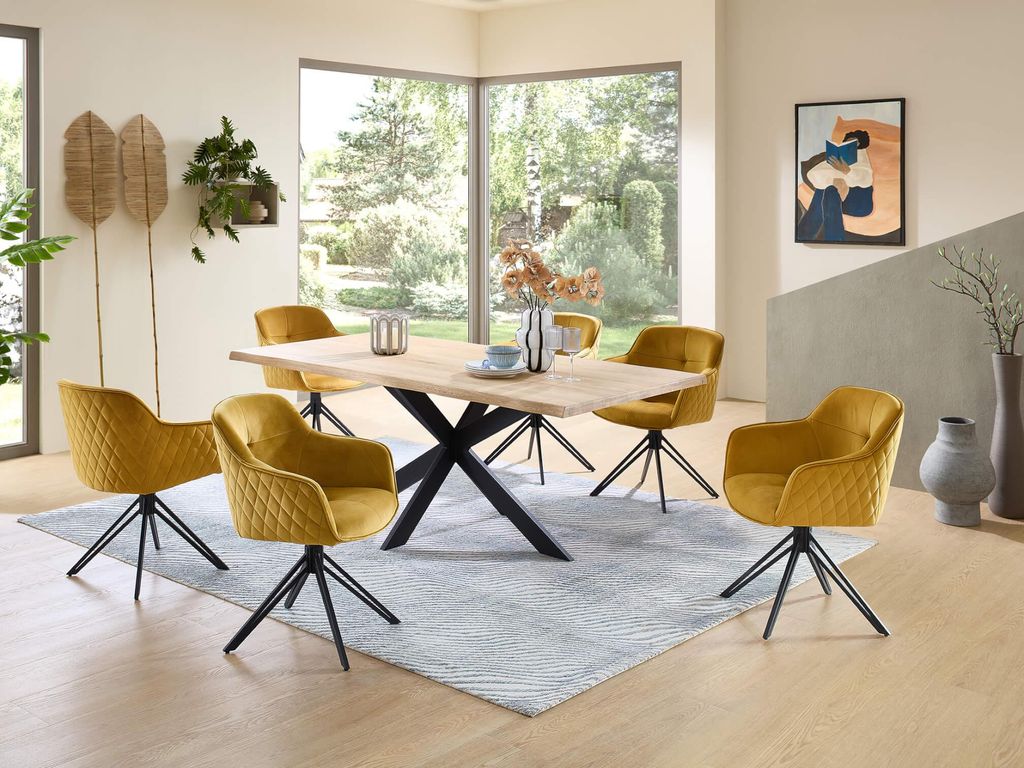 Essgruppe TORANO Esstisch Eiche Massivholz mit Baumkante 200 cm breit, 6 Stühle in gold