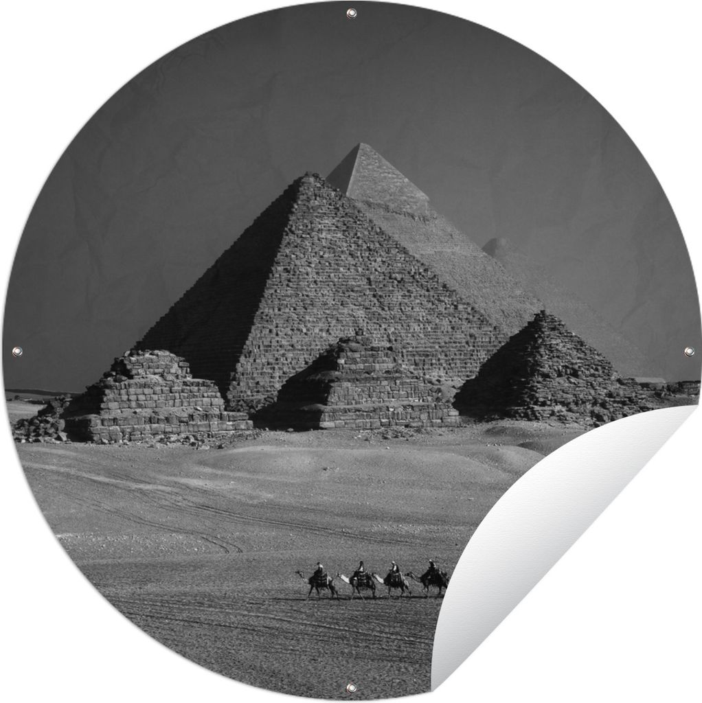 MuchoWow Gartenposter Outdoor-Poster Rund Pyramide - Ägypten - Schwarz - Weiß Ø 90 cm Gartendeko Rundes Poster draußen