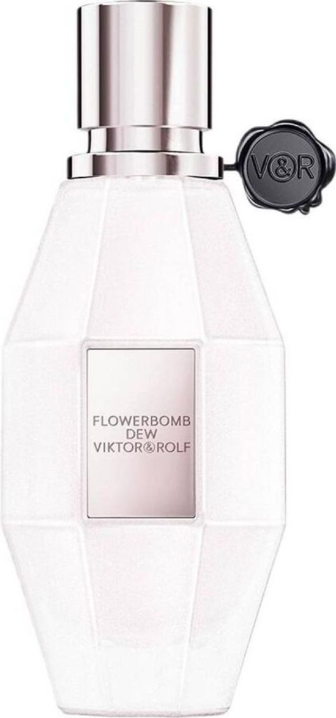 A white perfume bottle with a silver cap and a black tag on the side.