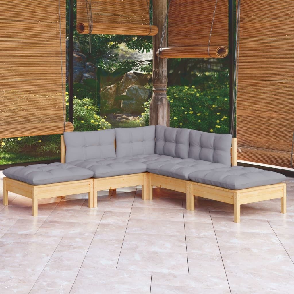 Möbel 5-tlg. Garten-Lounge-Set mit Grauen Kissen Kiefernholz - Balkonmöbel 3096309
