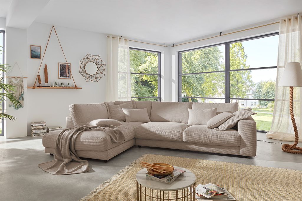 KAWOLA Sofa MADELINE Ecksofa Cord taupe Recamiere links