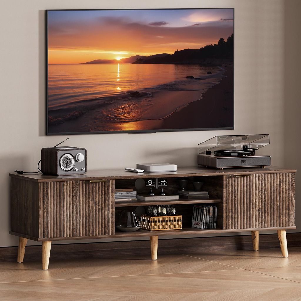 Yorbay Lowboard TV Schrank stehend, für Fernsehr bis zu 65 Zoll, 147cm Breit, Vintage TV Möbel mit 2 Türen, Holz Beine&Goldene Griffer,Vintage B...