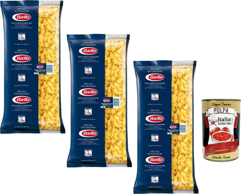 Barilla Mezze Maniche Rigate n.84 Profi Pasta 3×5kg Großpackung Hartweizengrieß Röhrennudeln für Gastronomie & Vorrat + Italian Gourmet polpa