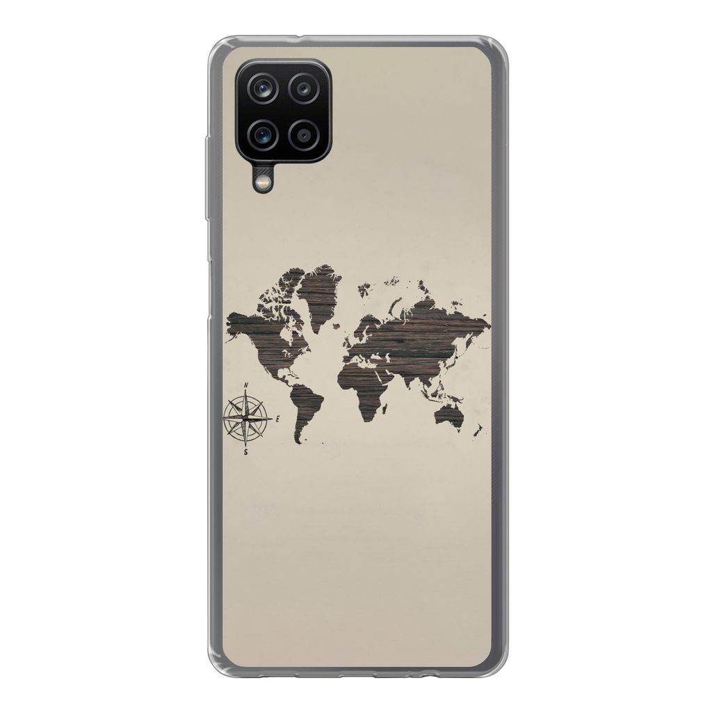 MuchoWow Handyhülle Schutzhülle Hülle für Samsung Galaxy A12 Weltkarte - Holz - Braun Silikon Softcase Handy Hülle - Bild