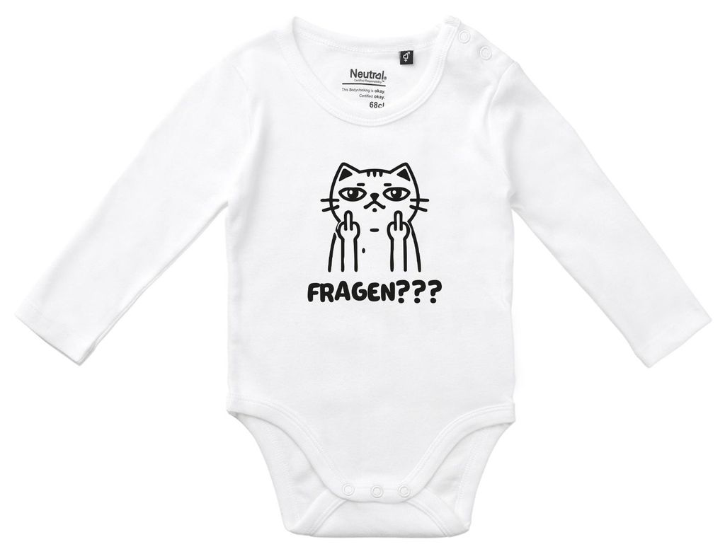Huuraa Baby Body Fragen? grimmige Katze 80 White Baumwolle Fairtrade Langarmbody Geschenkidee