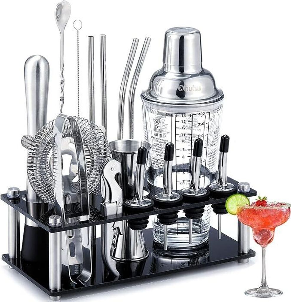 Cocktail Set(17-tlg), Edelstahl Barkeeper Set, Cocktail Shaker Set Professionelles Barzubehör Werkzeug, mit Ständer, für Familien, Bars, Partys