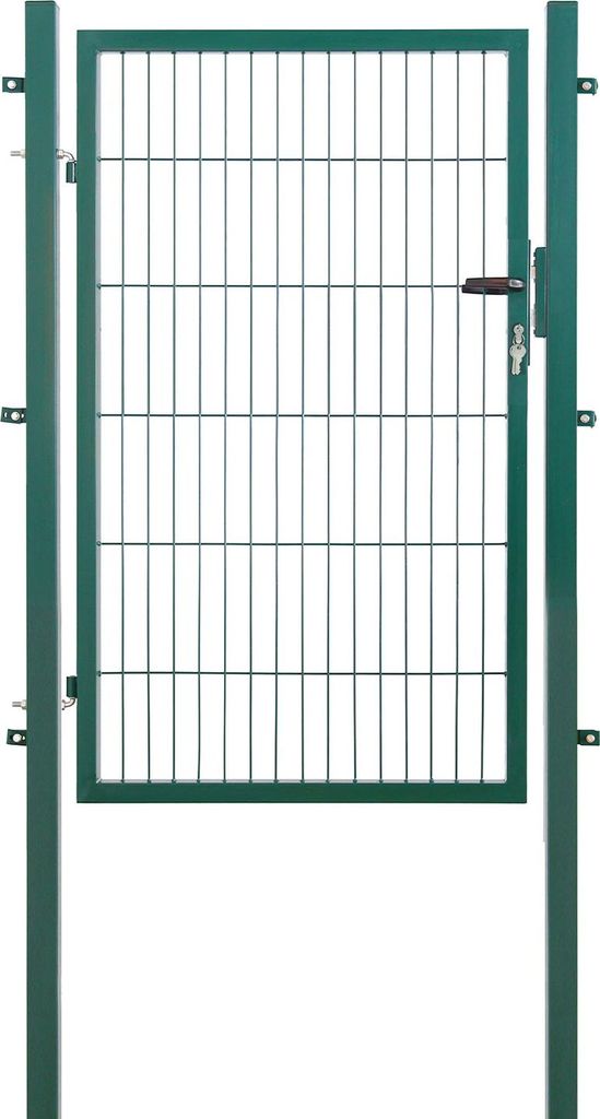 A green metal garden gate with a latch and lock mechanism, shown against a white background.