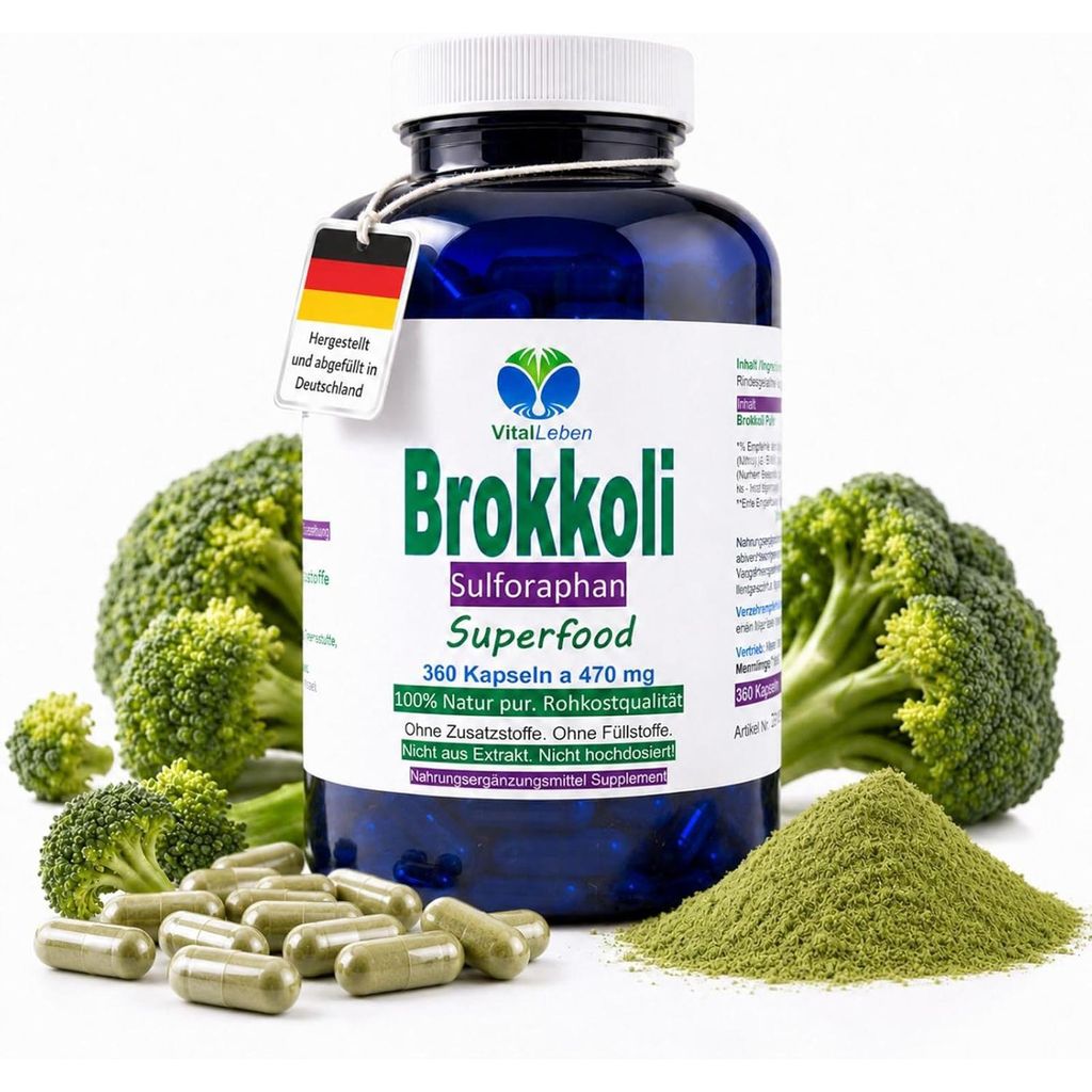 Brokkoli Broccoli 360 Kapseln - Sulforaphan & Indol-3-Carbinol - Antioxidantien & Vitamine C E K, B-Komplex + Calcium Magnesium Eisen Selen Kalium