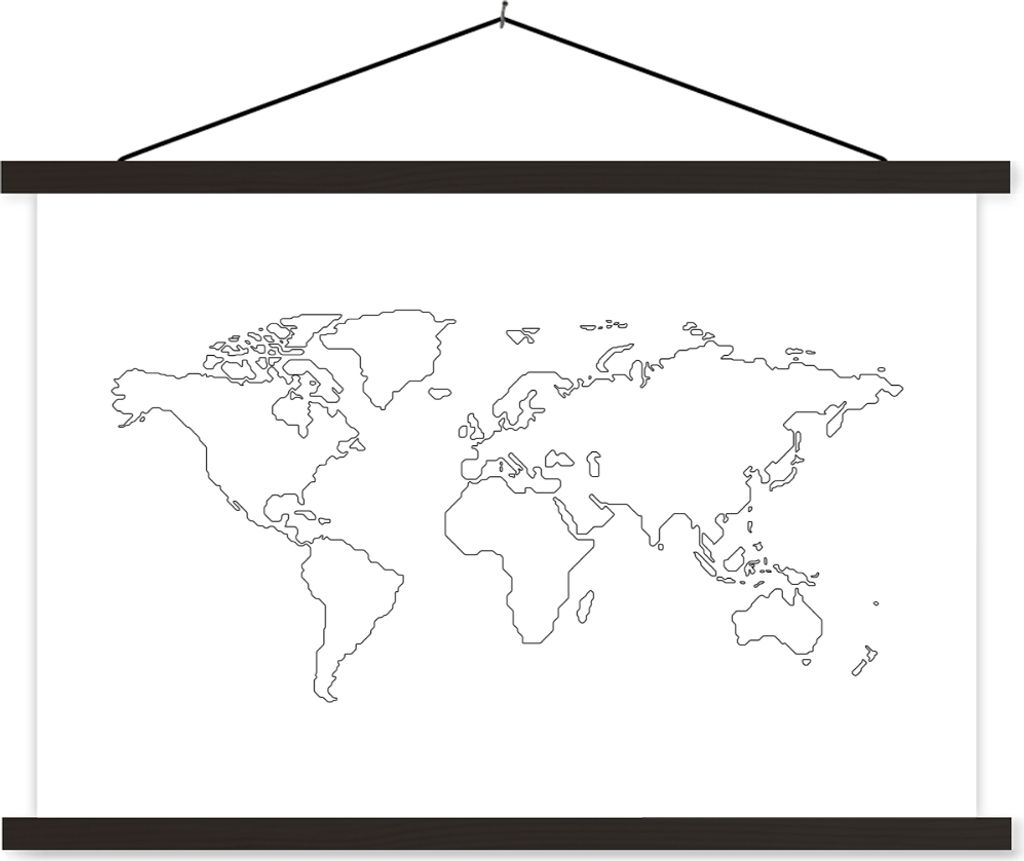 MuchoWow Textilposter Weltkarte - Einfach - Schwarz - Weiß 120x80 cm mit schwarzem Rahmen - Wanddeko