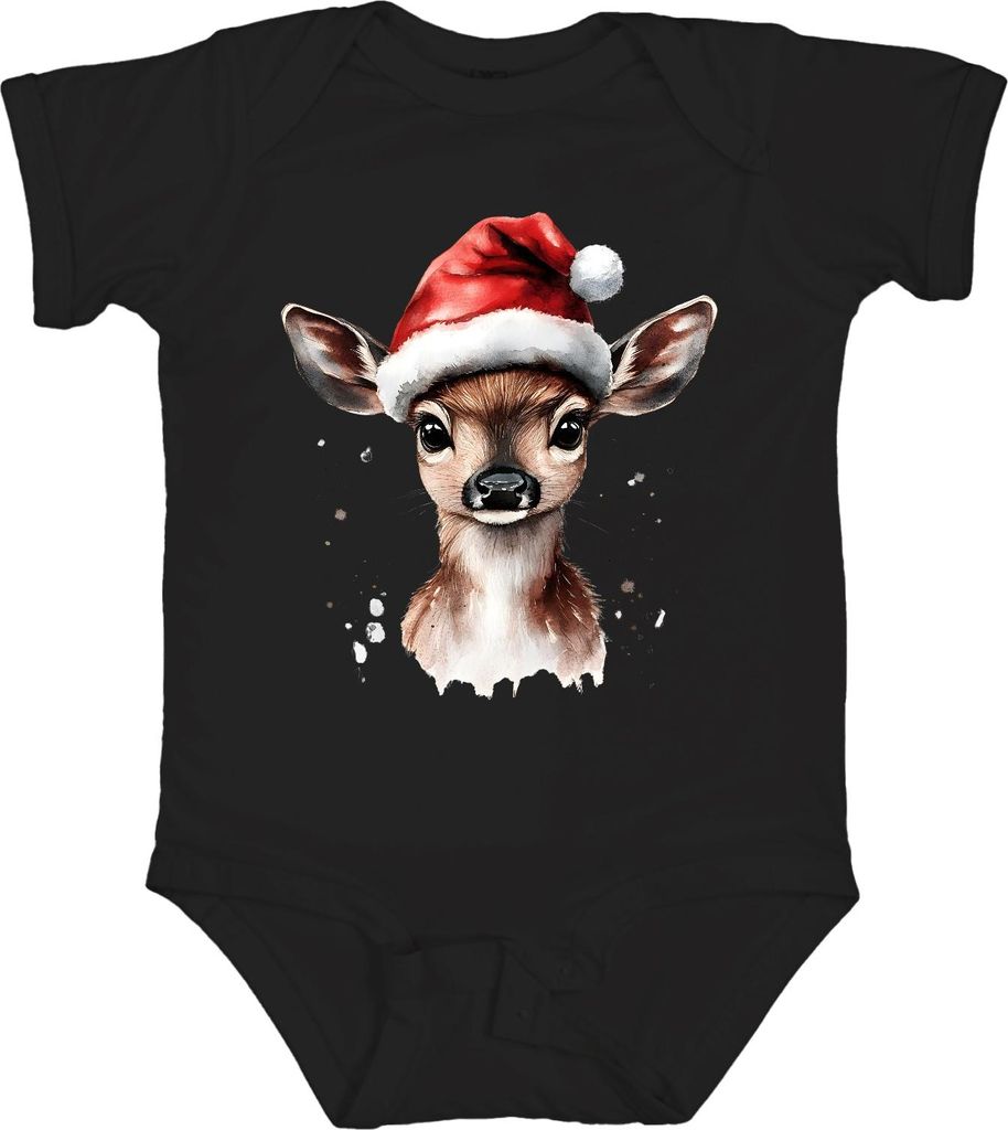 Rehkitz Weihnachten niedlich Aquarell Weihnachtsmann Hut Geschenk Unisex Baby Body, Schwarz, 18/24