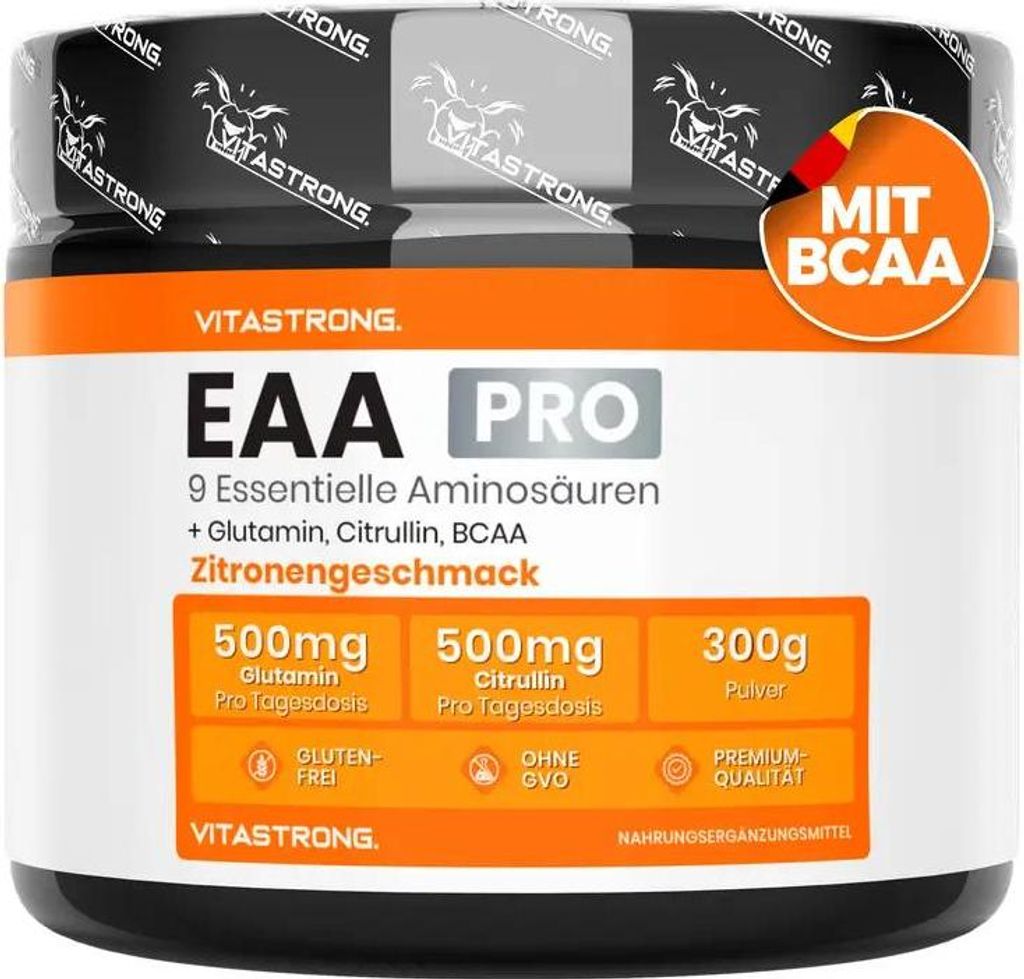 Essentielle Aminosäuren EAA PRO Vitastrong, 9 EAA Essenzielle Aminosäuren Pulver 300 g mit Waldfruchtgeschmack, BCAA Verzweigtkettige Aminosäure...