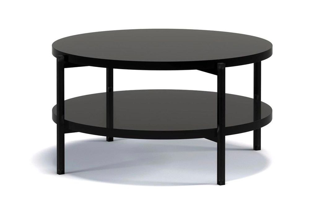 Runder Couchtisch Sampi 84 cm schwarz hochglanz mit Ablage – Moderner Wohnzimmertisch im eleganten Design mit stabilem Metallgestell und zusätzl...