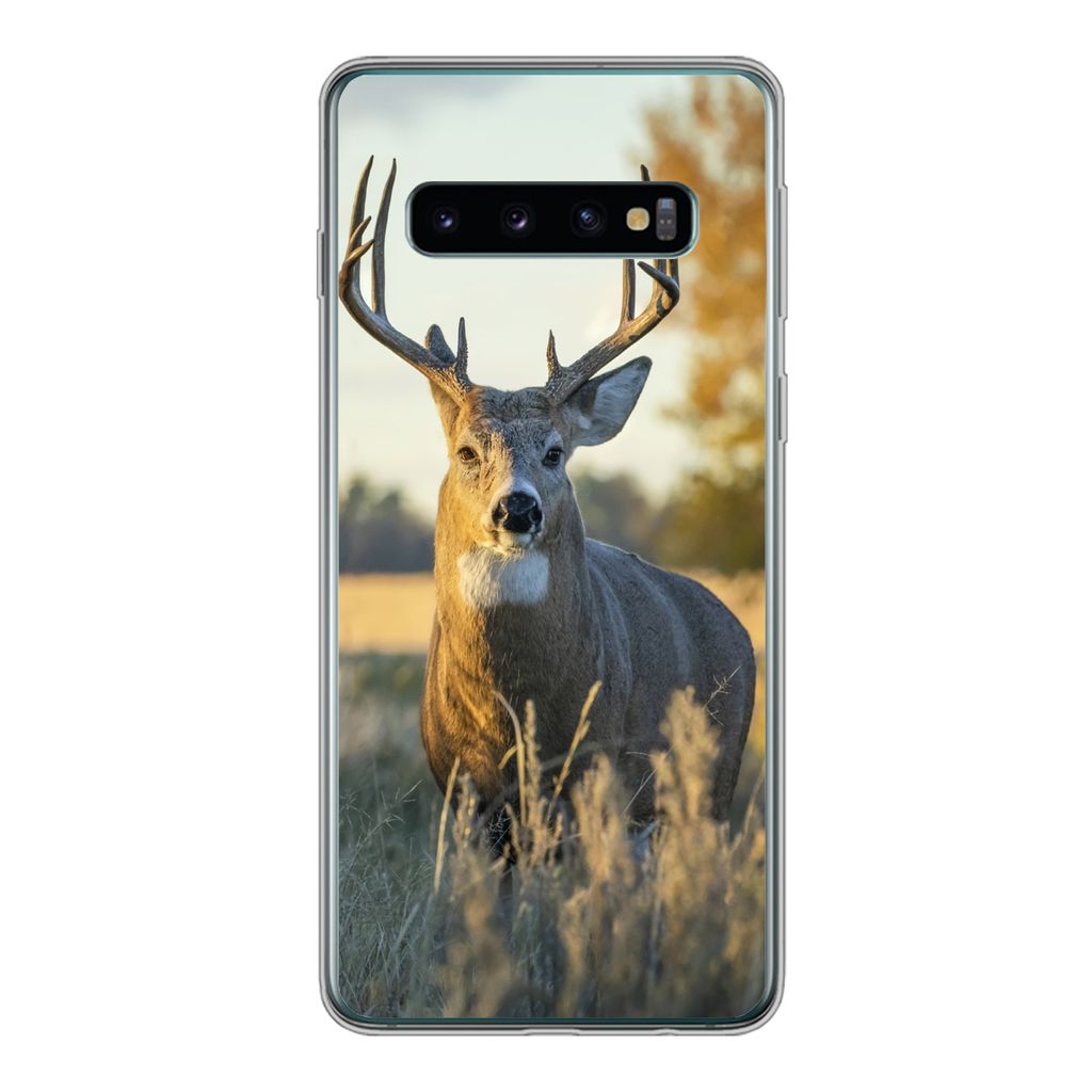 MuchoWow Handyhülle Schutzhülle Hülle für Samsung Galaxy S10 Hirsche - Gras - Herbst - Geweih - Natur - Tiere Silikon Softcase Handy Hülle -...