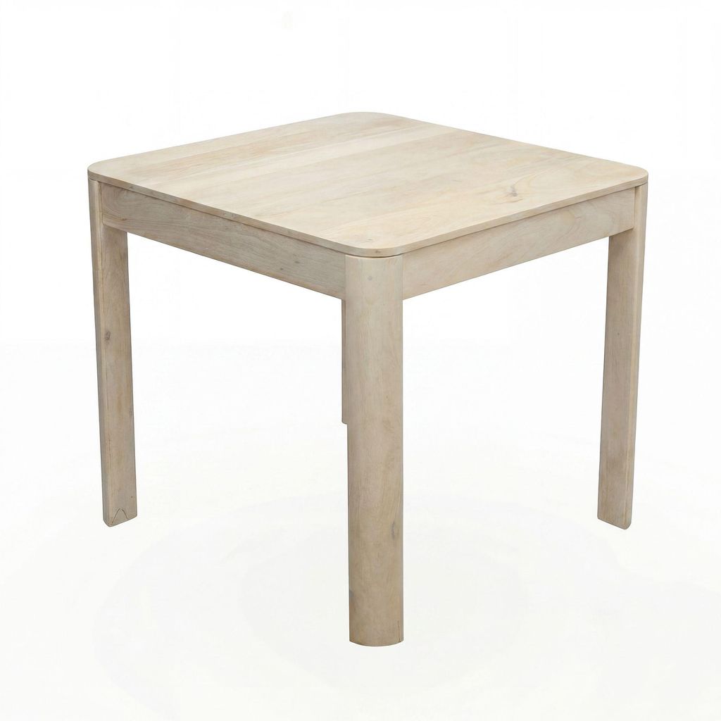 Esstisch Mango 80x80 cm White Wash in Gesamtansicht mit massiver Mangoholz-Tischplatte und vier Holzbeinen.