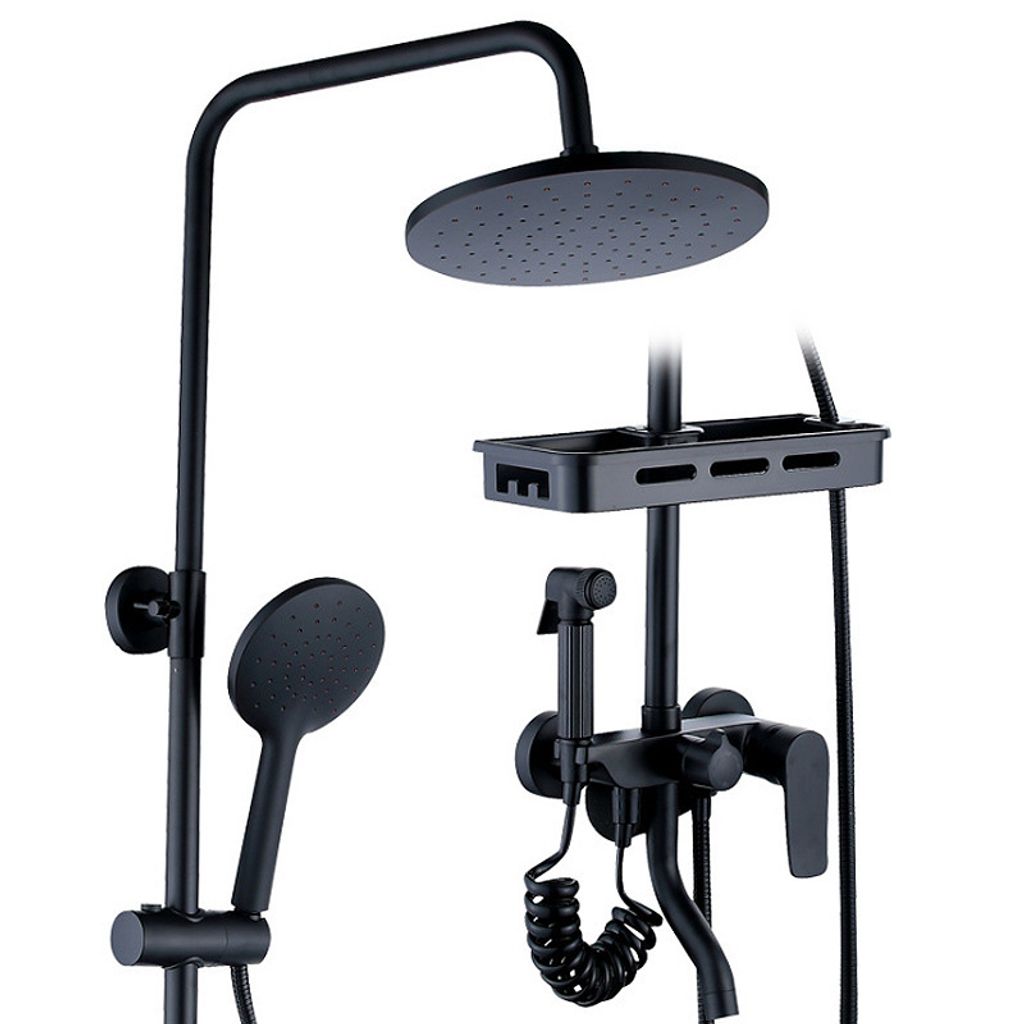Regenduschset, Duschsystem mit Thermostat, mit Bidetarmatur, 4 Funktionen Duschkopf, mit Badezimmerregale, Kupferkörper, für Badezimmer, Schwarz