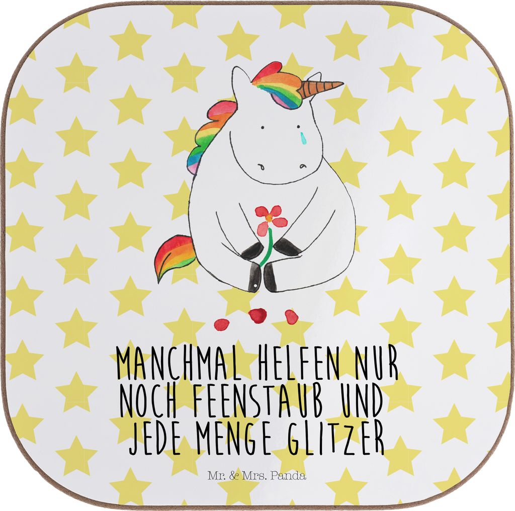 Mr. & Mrs. Panda Untersetzer Glas Einhorn Traurig - Weiß - Geschenk, für Gläser, Blume, Tasse, Coaster, Liebe, Einhörner, Grußkarte, gläserun...