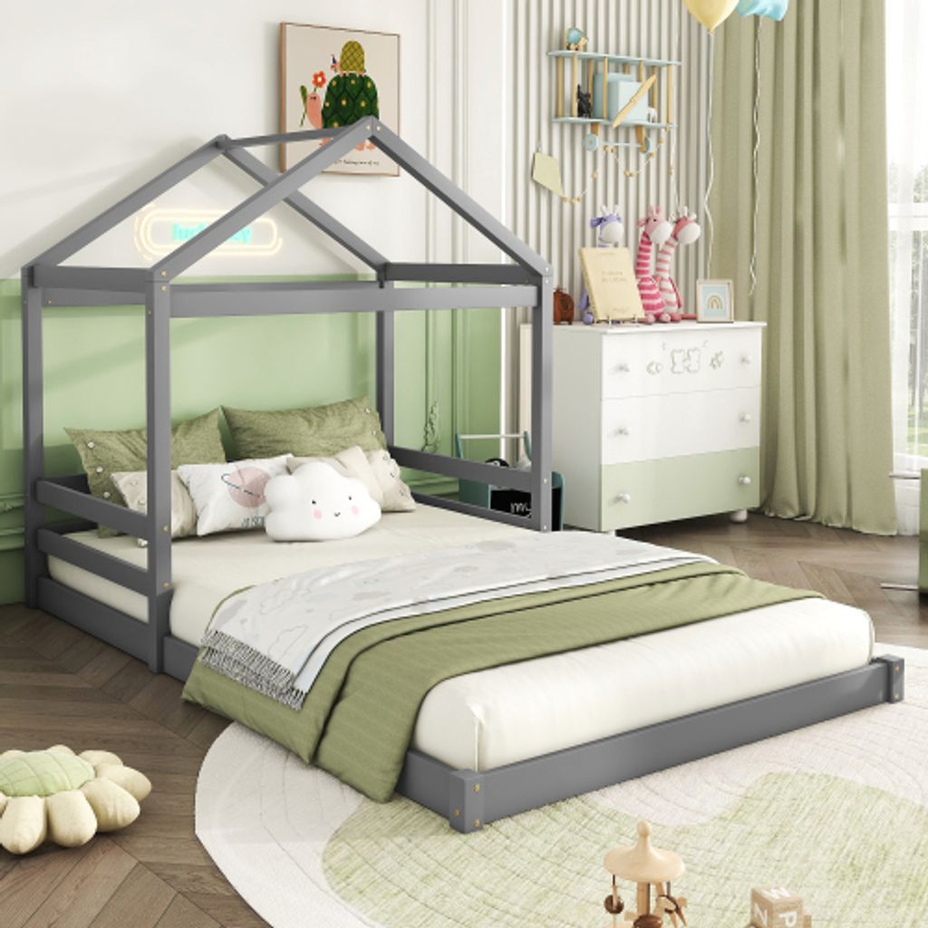 okwish Kinderbett Bodenbett in Hausform 140×200 cm mit Lattenrost, Holzbett Jugendbett für Jungen und Mädchen(Ohne Matratze), Grau