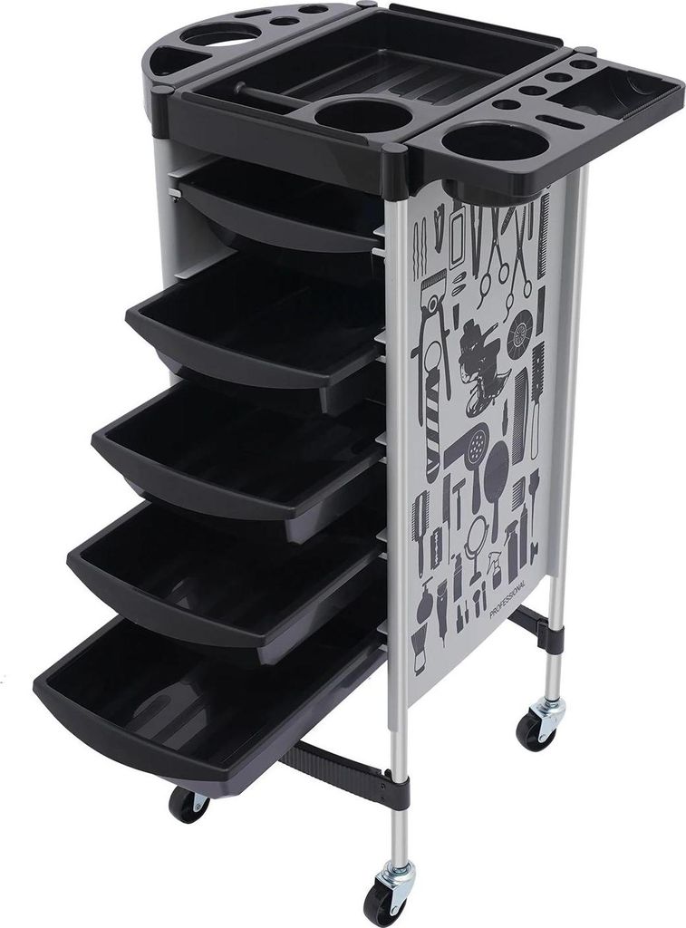 Friseurwagen - Salonwagen - 5 ausziehbare Schubladen - 6 Ebenen - 4 Universalrollen - PP & Edelstahl - Tragkraft 80 kg - Grau