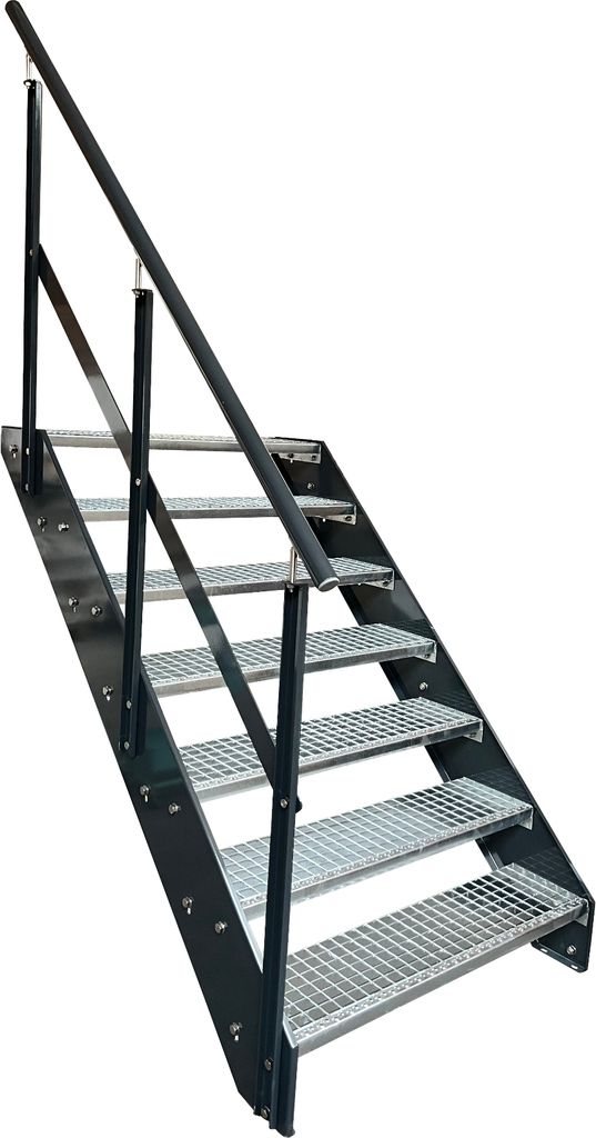 Gitterrost Stahl Wangentreppe 7 Stufen Geländer links - Verzinkt & Anthrazit Pulverlackierte Seiten - (B x H x T) 140 x 133 x 139 cm