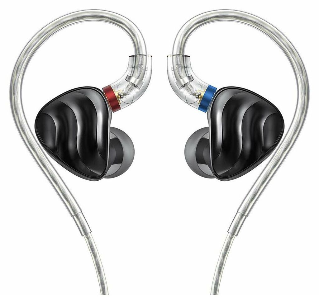 A pair of black in-ear monitor headphones with silver ear hooks and transparent connectors.