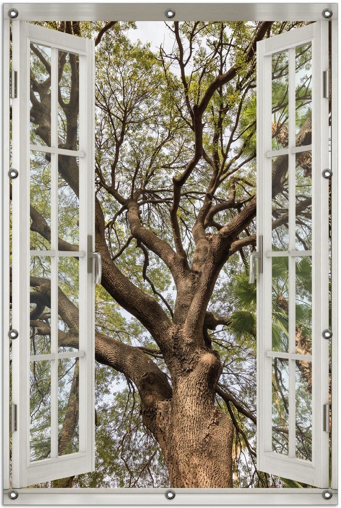 Wallario Outdoor-Poster für Garten oder Balkon 100 x 150 cm: Weit verzweigter Baum mit Palmen - Ansicht aus der Froschperspektive