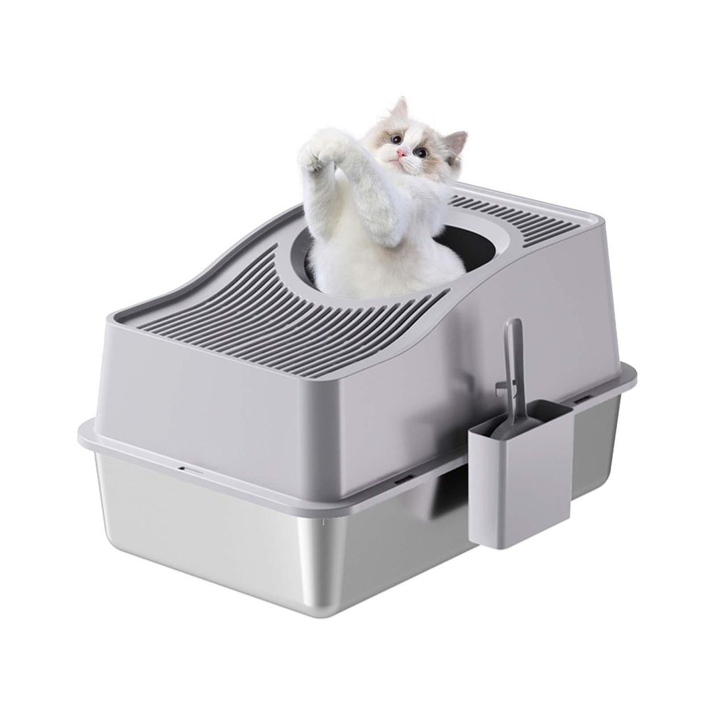 Edelstahl-Katzenklo mit Deckel Katzentoilette mit Schaufel Katzenstreu-Matte und Schaufel grau 60*40*34.5cm