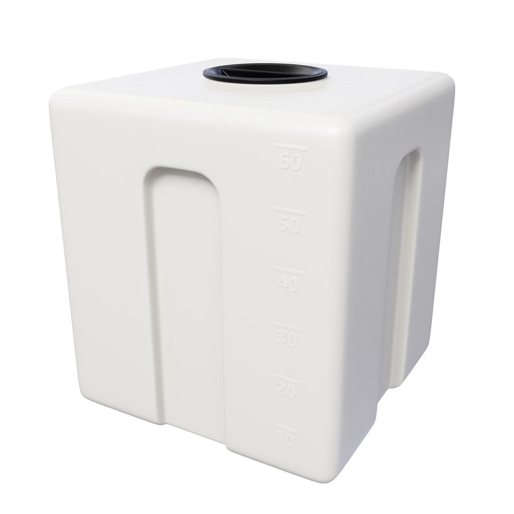 Quadratischer 60L Wasserbehälter Kubus – lebensmittelechter Kunststofftank, weiß, robust, für Trinkwassertransport, Camping, Haushalt KMND