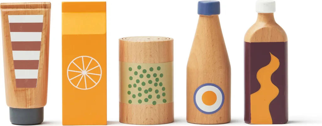 Set de bouteilles et boîtes en bois naturel pour cuisine d'enfant