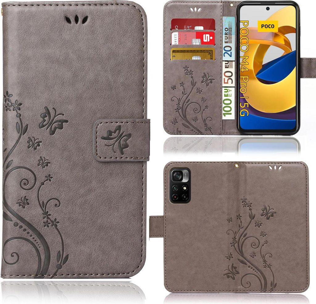 Handy Tasche für Xiaomi Poco M4 Pro 5G Schutz Hülle Handyhülle mit Blumenmuster Klapp Hülle mit Standfunktion und Kartenfächer Grau